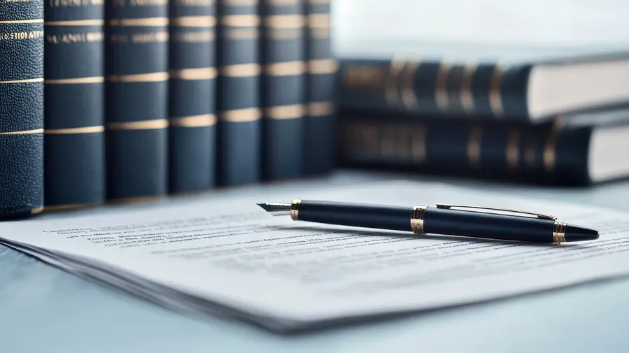 Fountain pen resting on a printed contract in front of bound law books